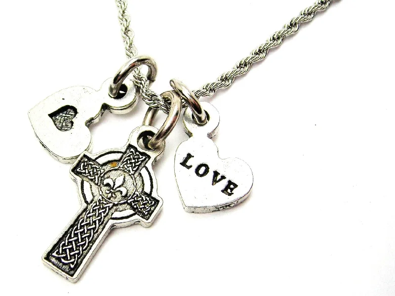 women's necklaces casual everyday -Celtic Cross With Fleur De Lis Center Stainless Steel Rope Chain Necklace