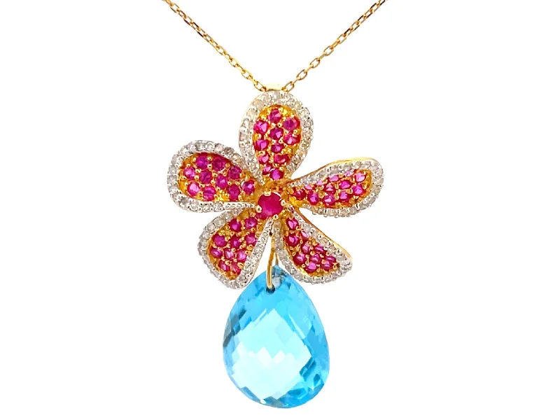 women's necklaces best seller -Ruby Diamond Flower Necklace with Topaz Drop in 14k Yellow Gold