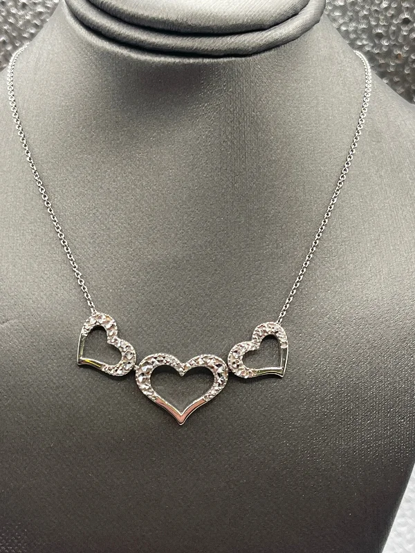 women's necklaces boho style -Ladies 14 Karat Solid White Gold Triple Heart Diamond Necklace