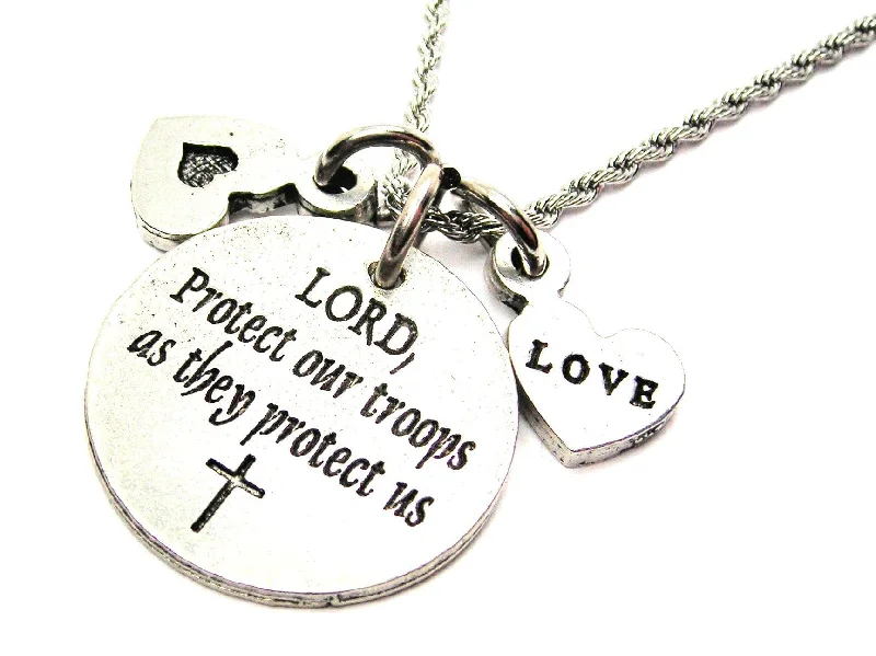 women's necklaces with diamond accents -Lord Protect Our Troops As They Protect Us Stainless Steel Rope Chain Necklace