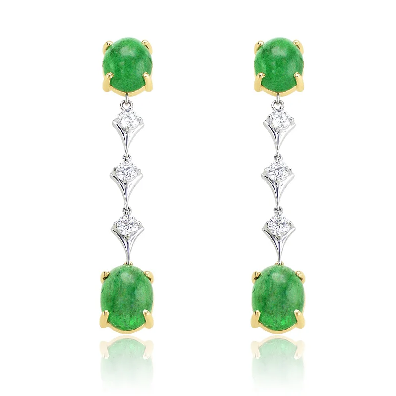 women's earrings anniversary gift -11.38 Carat Cabochon Emerald Earrings & 0.90 Carat Dangle Earrings set in 14K White & Yellow Gold