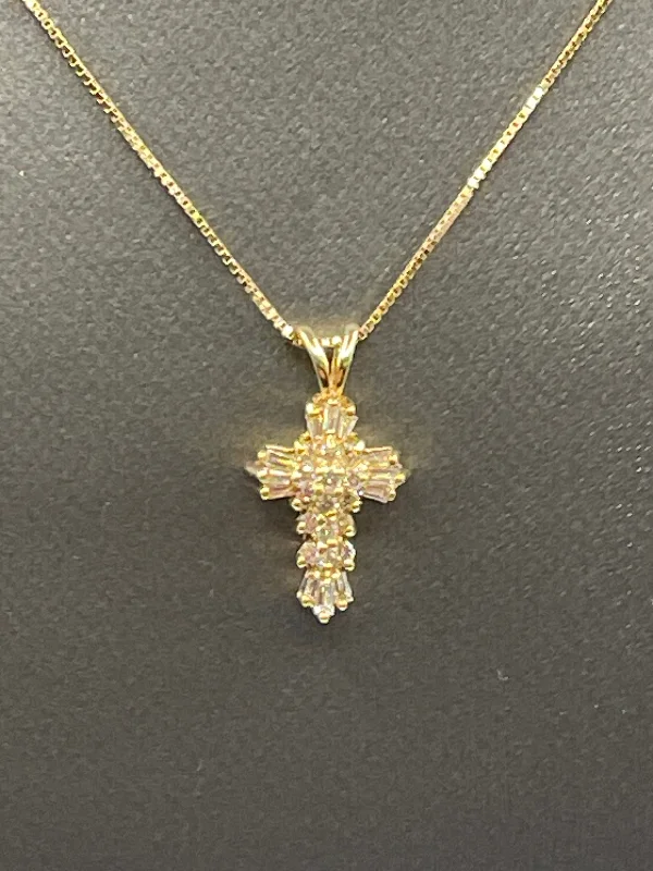 women's necklaces crystal pendant -Ladies 14 Karat Solid Yellow Gold Diamond Cross Necklace