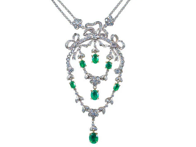 women's necklaces mother of pearl -Emerald 4.34ct and Diamond 4.10ct Edwardian Necklace 18K White Gold