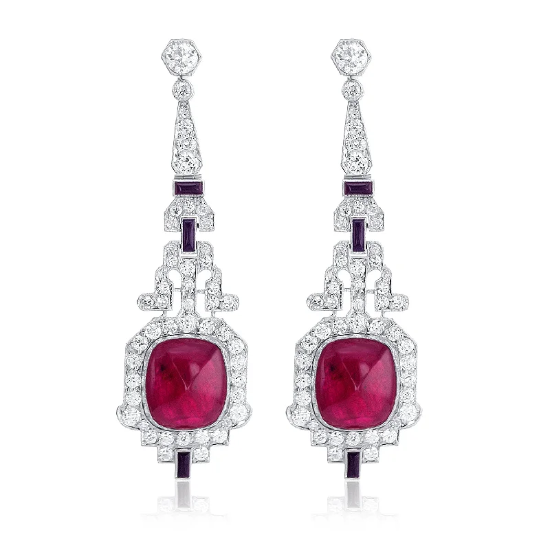 women's earrings perfect daily wear -23.5 Carat Round Natural Diamond and Ruby Dangle Earrings in Platinum