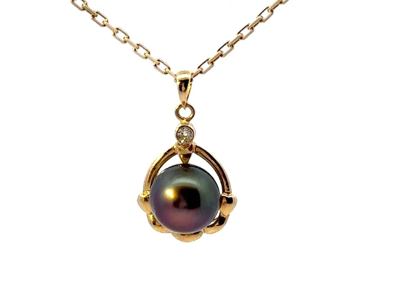 women's necklaces handmade design -Tahitian Pearl Diamond Pendant Necklace Solid 14k Yellow Gold