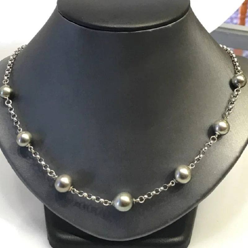 women's necklaces trendy look -14 Karat White Gold 23" Rolo Link Necklace with South Sea Black Pearls