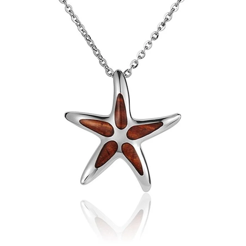 women's necklaces white gold -Sterling Silver Koa Wood Multi-Inlay Starfish Pendant18" Necklace