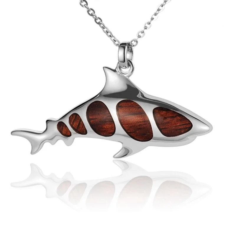 women's necklaces statement piece -Sterling Silver Koa Wood Shark Pendant18" Necklace