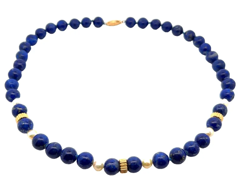 women's necklaces choker style -Lapis Lazuli and Pearl Necklace 14k Yellow Gold