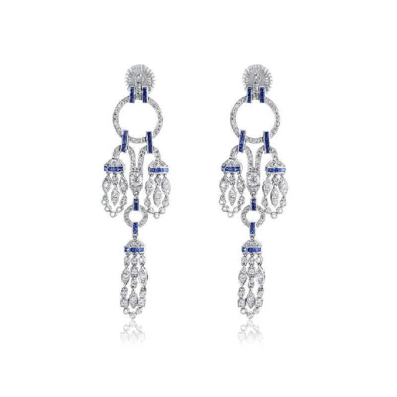 women's earrings with unique patterns -3.00 Carat Natural Diamond And Sapphire Dangle Earrings in 18k White Gold