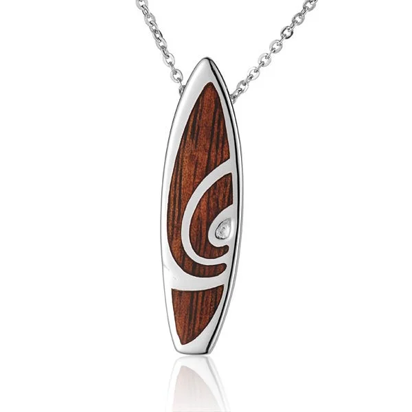 women's necklaces with diamond accents -Sterling Silver Koa Wood Spiral Inlay Surfboard Pendant 18" Necklace