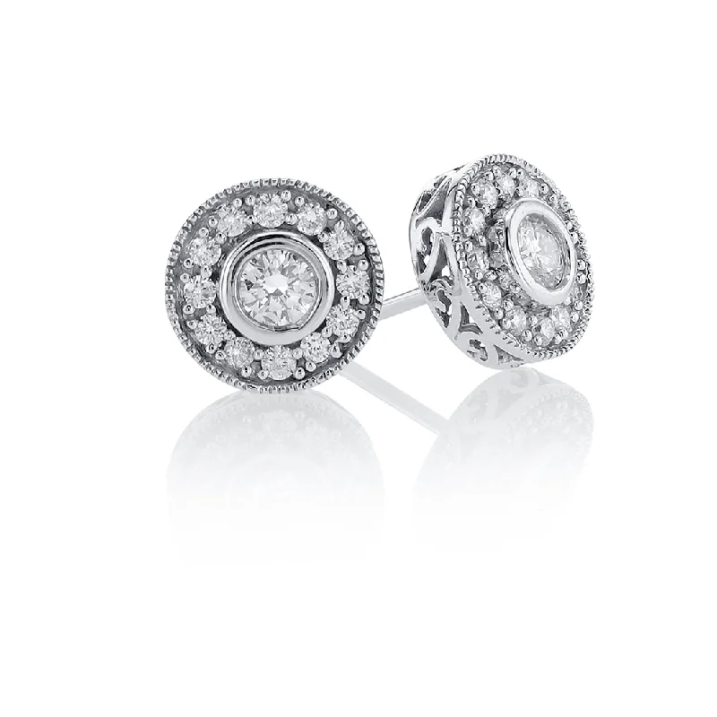 women's earrings perfect holiday gift -0.60 CT Round Diamond Bezel Halo 14K White Gold Stud Earrings