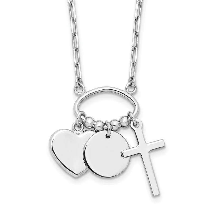 women's necklaces engagement necklace -Sterling Silver Rhodium-plated Round Heart Cross Discs 32in Necklace