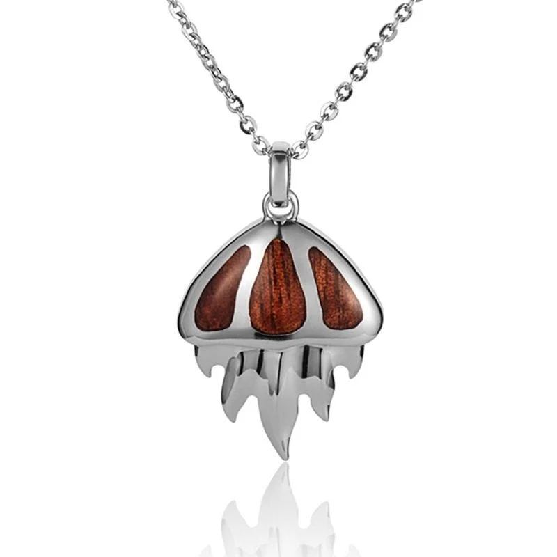 women's necklaces emerald -Sterling Silver Koa Wood Jellyfish with Connected Tentacles Pendant18" Necklace