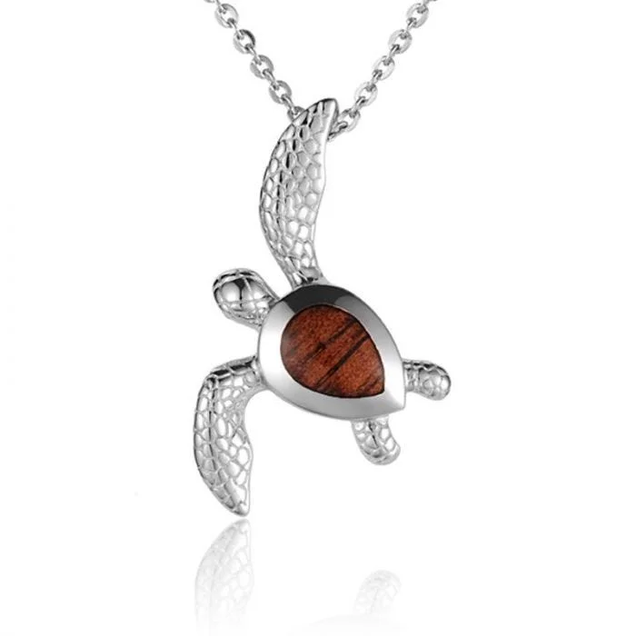 women's necklaces gemstone beads -Sterling Silver Koa Wood Scaly Honu Turtle Pendant18" Necklace