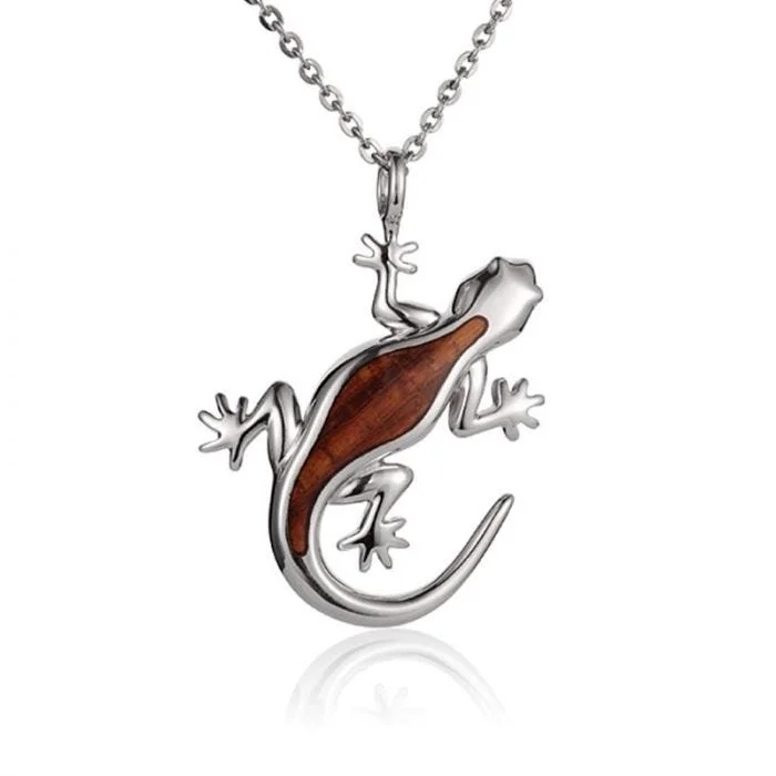 women's necklaces elegant pearls -Sterling Silver Koa Wood Gecko Pendant18" Necklace