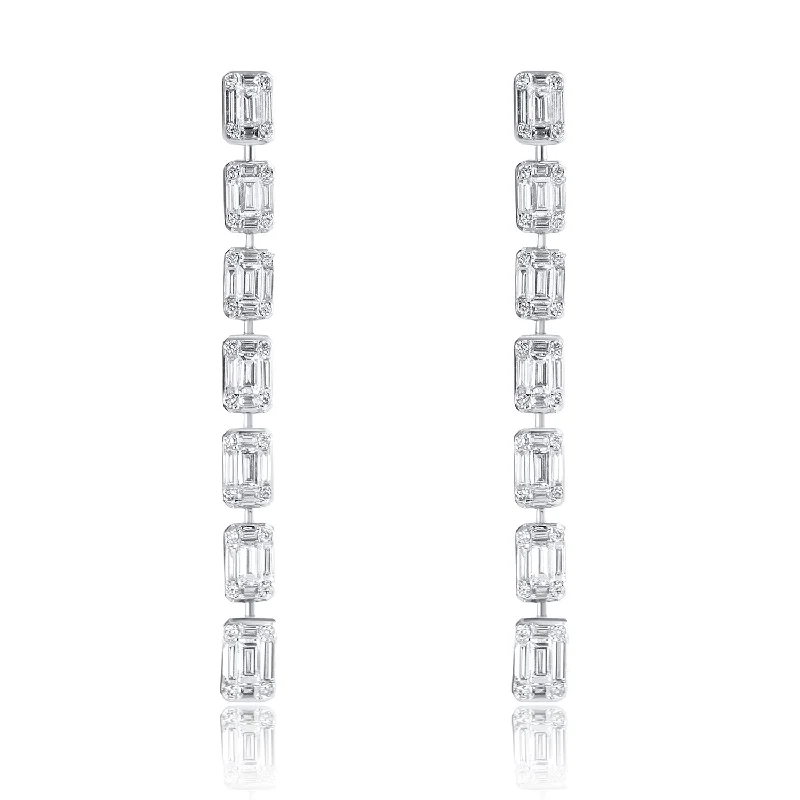 women's earrings cubic zirconia -3.31 Carat Line Dangle Natural Diamond Earrings in 18K White Gold