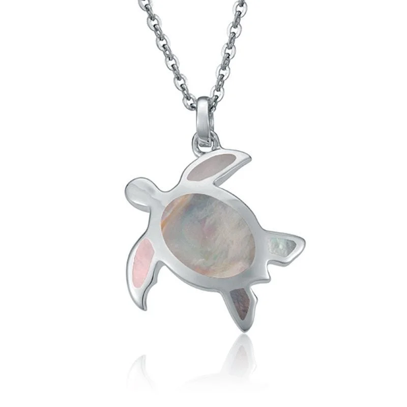 women's necklaces sapphire crystal -Sterling Silver Baby Turtle Necklace with White Mother of Pearl Inlay