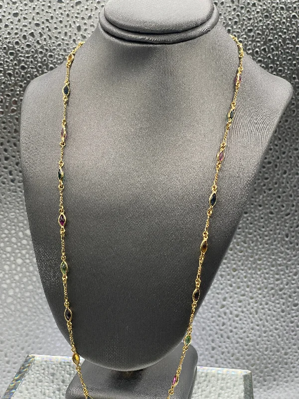 women's necklaces emerald -Ladies Vintage 14 Karat Yellow Gold Multicolored Stone Solid Link Necklace