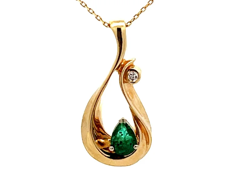 women's necklaces multi-layer chains -Pear Shaped Emerald and Diamond Necklace 14K Yellow Gold