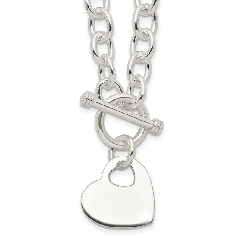 women's necklaces sapphire crystal -Sterling Silver Engraveable Heart Disc on Fancy Link Toggle Necklace