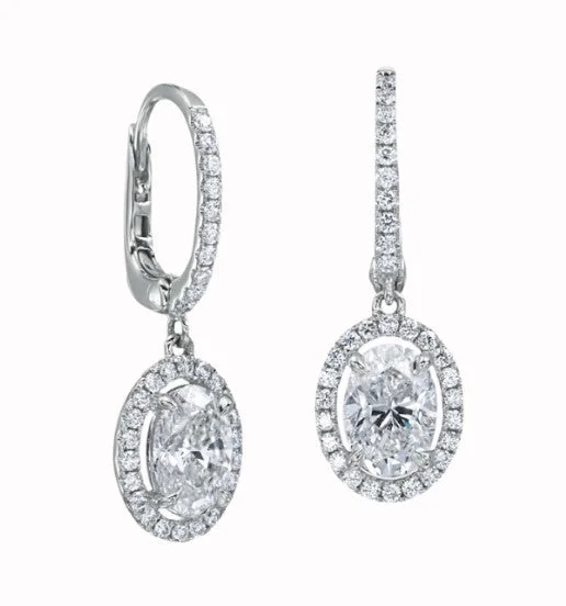 women's earrings eye-catching details -1.63 CT Oval Diamond Halo Drop 18K White Gold Earrings