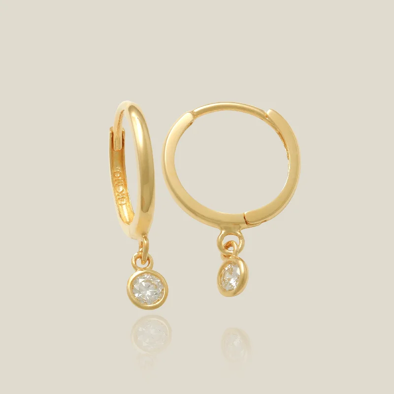 women's earrings statement piece -Bezel Diamond Drop Huggie Hoop Earrings