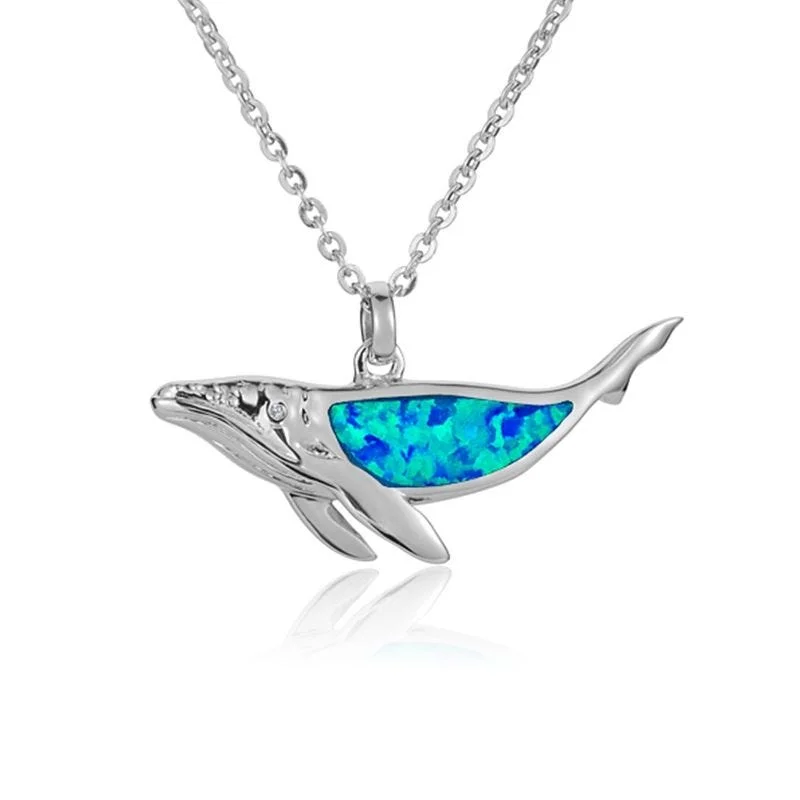 women's necklaces ethically sourced -Sterling Silver Whale Necklace with Opal Inlay