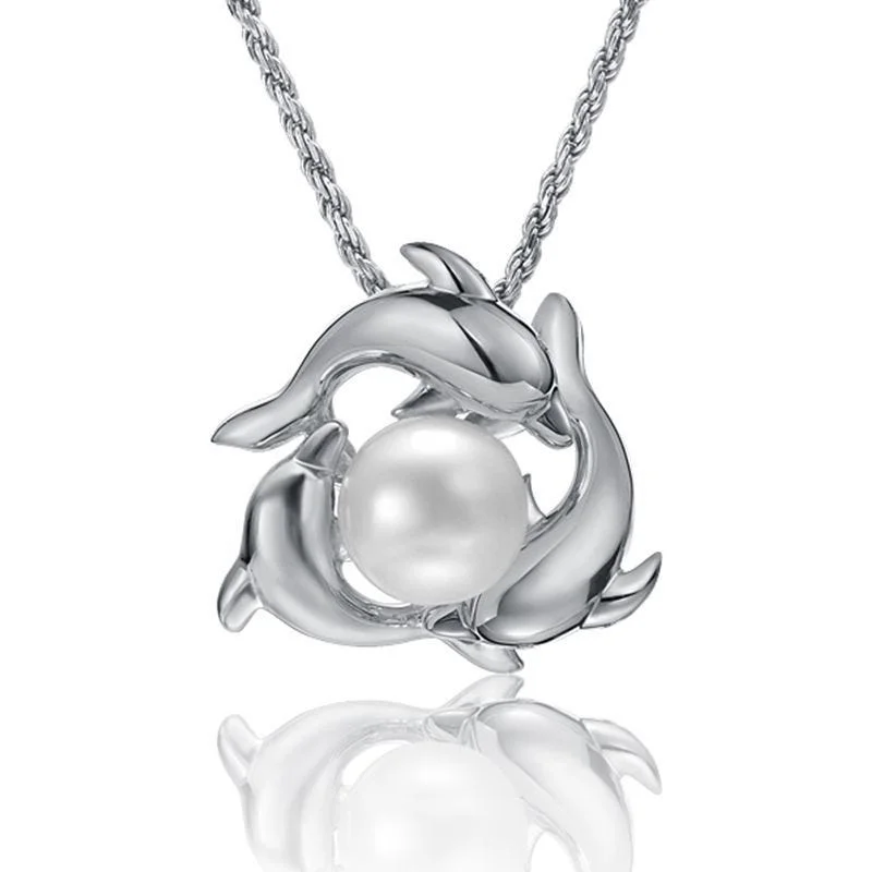 women's necklaces classic pearl -Dolphins Encircle White Pearl Necklace