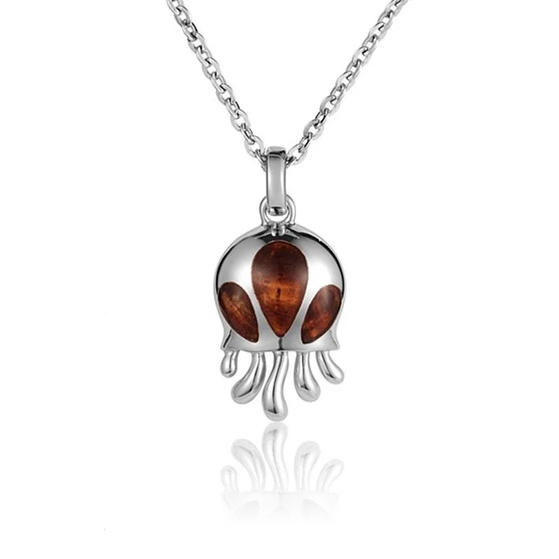 women's necklaces moissanite -Sterling Silver Koa Wood Round Jellyfish Pendant18" Necklace