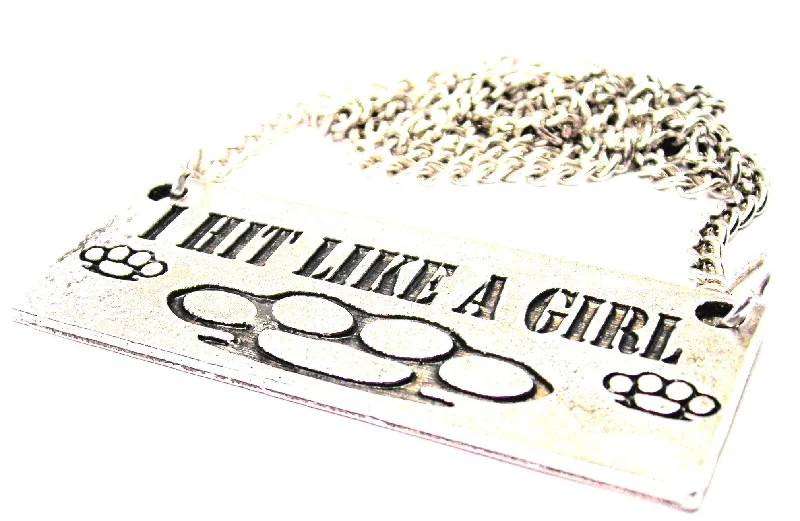 women's necklaces with engraved message -I Hit Like A Girl Brass Knuckles Statement Platform Necklace