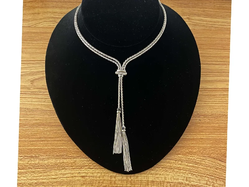 women's necklaces premium quality -Lariette Tassle Necklace with Blue Sapphires in 14k White Gold