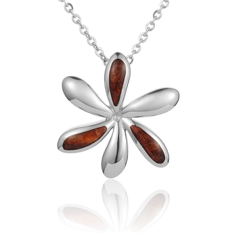 women's necklaces star pendant -Sterling Silver Koa Wood Offset Inlay Tiare Flower Pendant18" Necklace