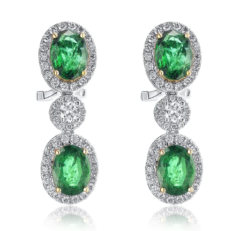 women's earrings sapphire -4.57 Carat Natural Emerald Oval And 1.20 Carat Round Dangle Earrings in 18K White Gold