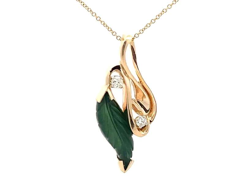 women's necklaces ethically sourced -Green Agate Leaf and Diamond Necklace 14K Yellow Gold