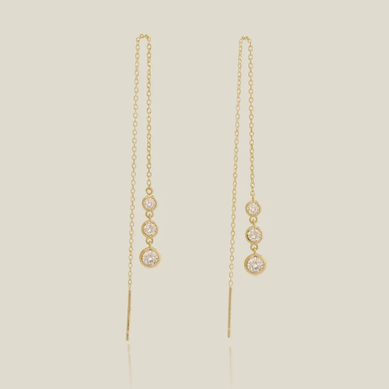 women's earrings teardrop shape -Triple Bezel Chain Threader Earrings