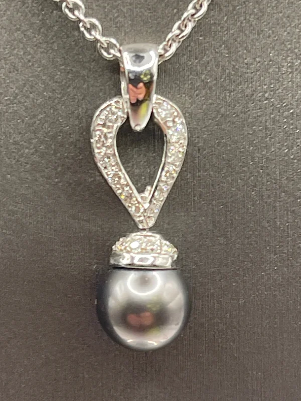 women's necklaces opal pendant -Ladies 18 Karat Solid White Gold Black Pearl and Diamond Necklace