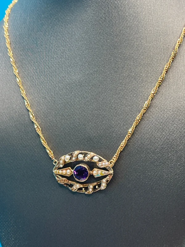 women's necklaces with initials -14 Karat Yellow Gold Antique Amethyst & Pearl Necklace