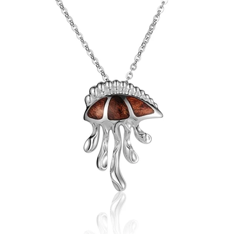 women's necklaces vintage style -Sterling Silver Koa Wood Physalia Jellyfish Pendant18" Necklace