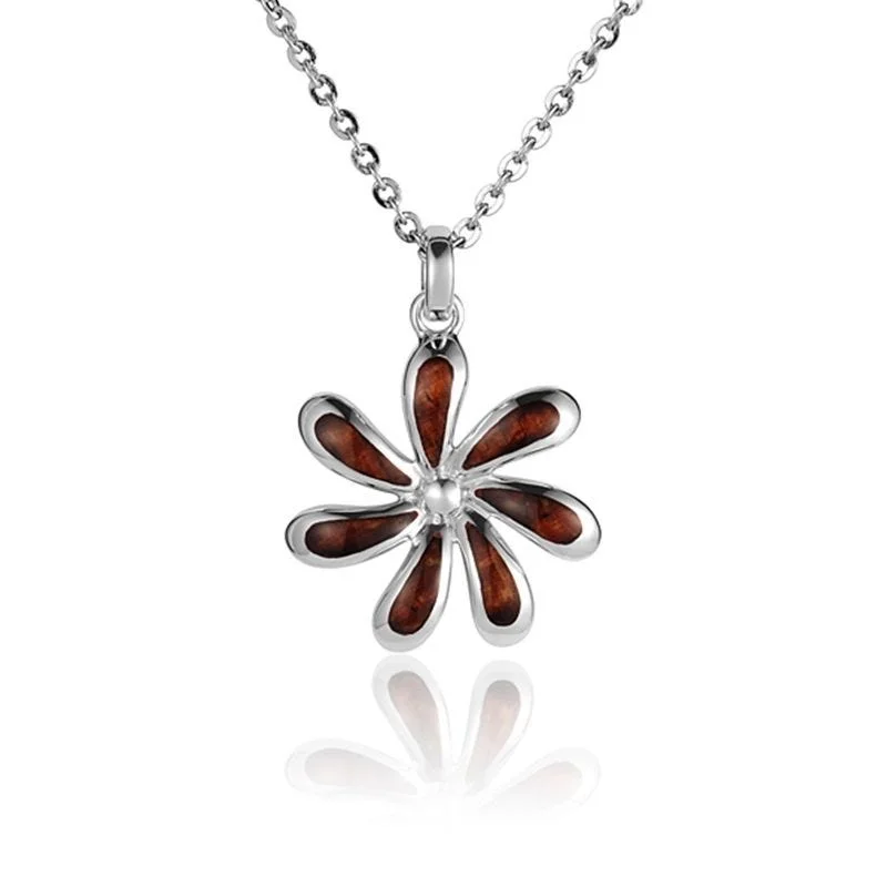 women's necklaces gold -Sterling Silver Koa Wood Tiare Flower Pendant18" Necklace