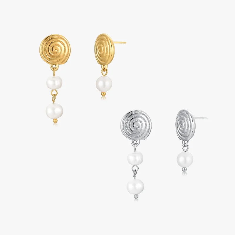 women's earrings handcrafted luxury -Spiral Asymmetrical Pearl Earrings (Greek Inspired Collection)