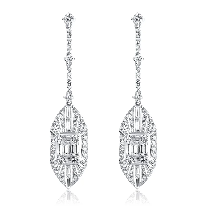 women's earrings boho style -3.44 Carat Deco Natural Diamond Dangle Earrings In 18K White Gold