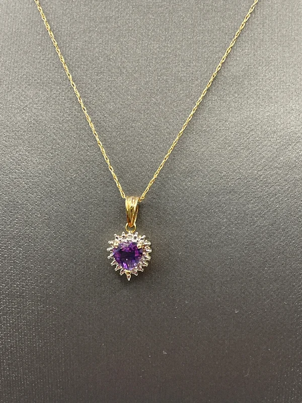 women's necklaces adjustable clasp -Ladies 14 Karat Yellow Gold Diamond and Amethyst Heart Necklace