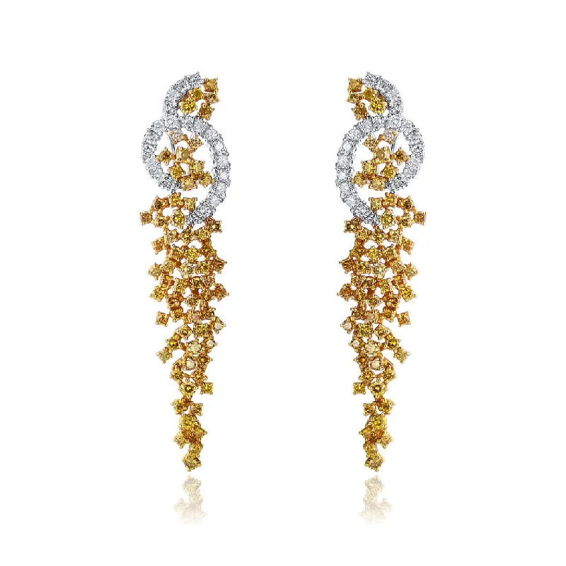 women's earrings diamond -3.50 Carat Fancy Yellow and 0.98 Round Natural Diamond Fashion Earrings in 18K White and Yellow Gold