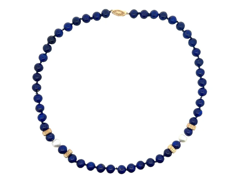 women's necklaces gemstone halo -Lapis Lazuli and Pearl Necklace 14k Yellow Gold