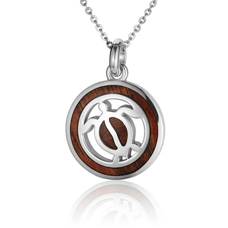 women's necklaces antique design -Sterling Silver Koa Wood Circle Honu Turtle Pendant18" Necklace