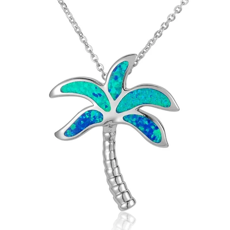 women's necklaces emerald gemstone -Sterling Silver Palm Tree Necklace with White Mother of Pearl Inlay