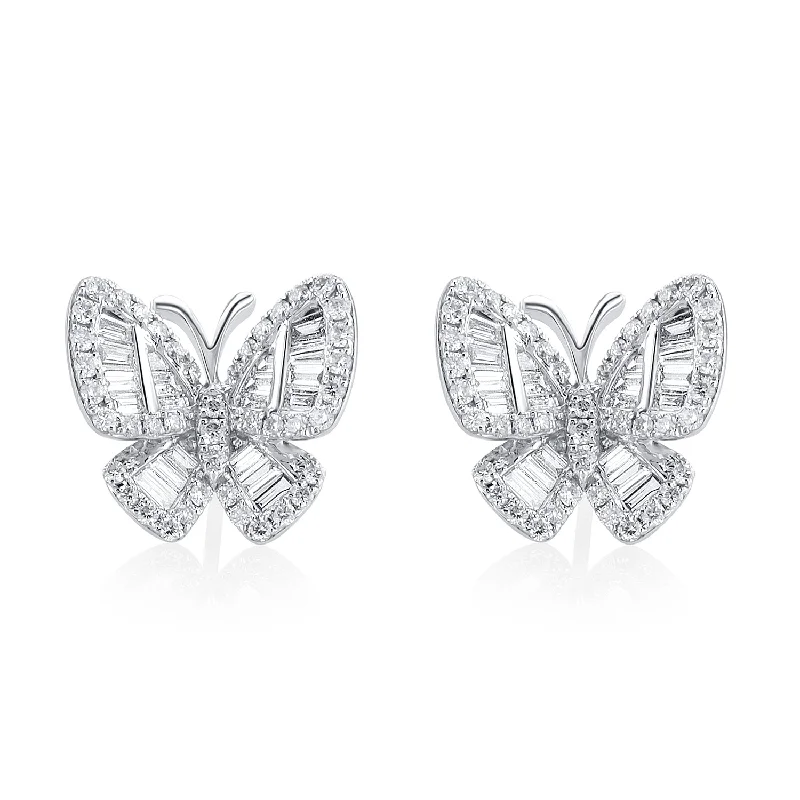 women's earrings small and subtle -1.18 Carat Baguette and Round Diamond Butterfly Studs in 18K White Gold