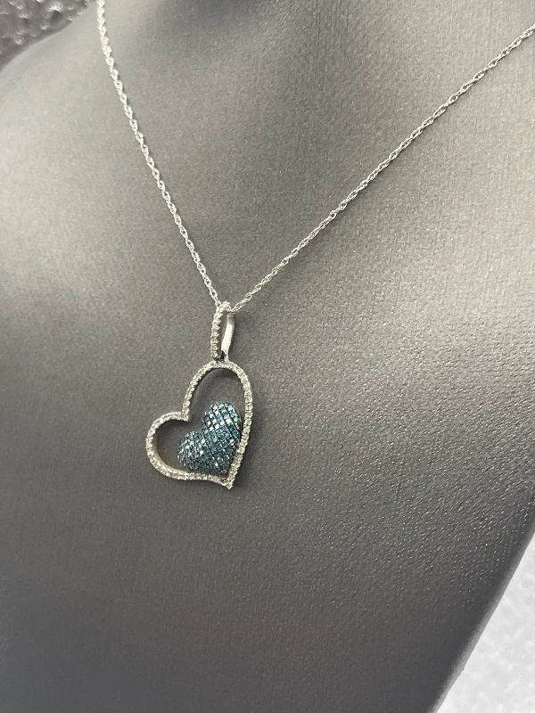 women's necklaces antique design -Ladies 10 Karat Solid White Gold Blue and White Diamond Heart Necklace