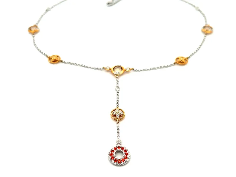 women's necklaces fine jewelry -Mandarin Garnet Smokey Topaz and Diamond Necklace in 14k White and Yellow Gold